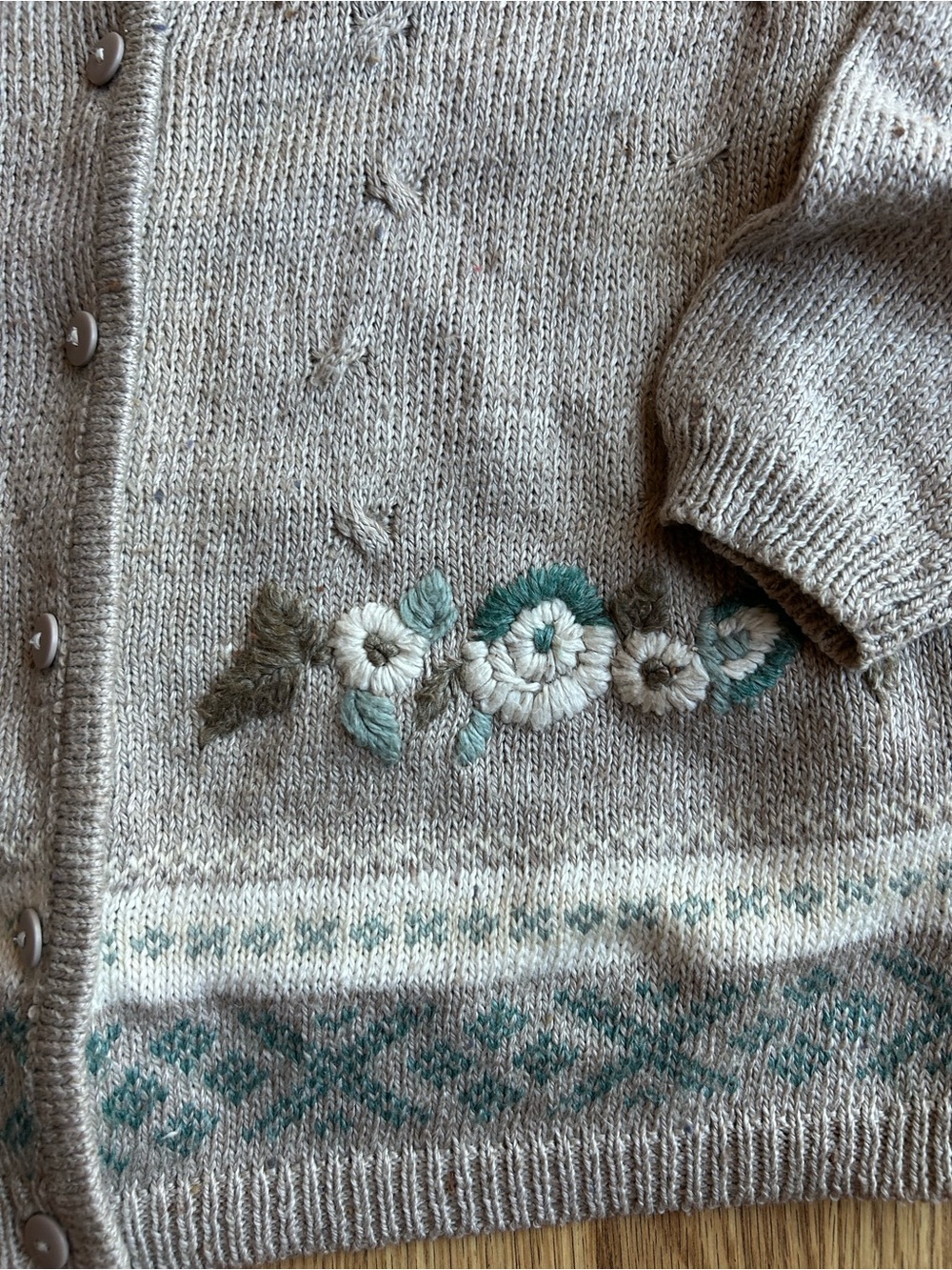 Vintage Cozy Taupe Floral Embroidered Cardigan Sweater - Picture 2 of 7